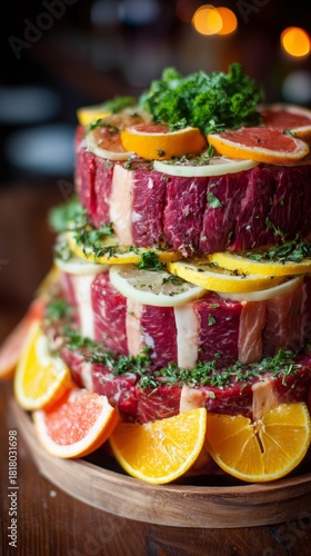 Colorful Layered Gelatin Dish With Fruits and Meats Displayed at a Festive Ga...