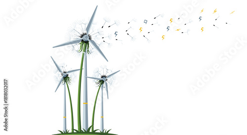 Three wind turbines generating clean energy on a white background, Generative AI