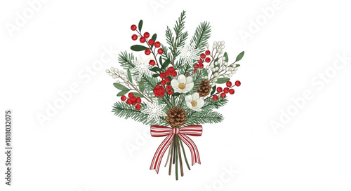 Scandinavian Christmas Floral Bouquet with Pine Branches, Berries, White Flowers and Ribbon – Watercolor Illustration