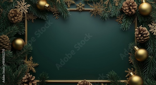 Festive Holiday Decorations With Gold Ornaments and Pinecones on Green Backgr...