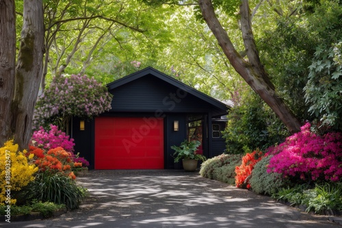 Vibrant Spring Garden Surrounding a Stylish House With a Bright Red Garage Door
