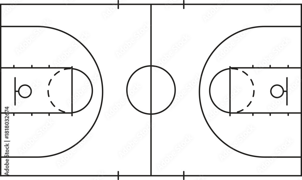 Αυτοκόλλητο Regulation Basketball Court Diagram Vector Layout: Baseline, Free Throw Line, Th
