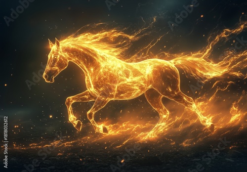 Majestic Fiery Horse Gallops Through Dark Landscape With Swirling Flames and ...