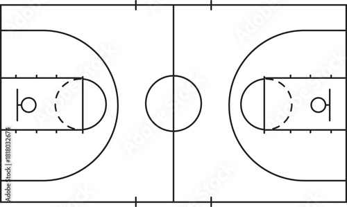 Regulation Basketball Court Diagram Vector Layout: Baseline, Free Throw Line, Three Point Arc, and Key