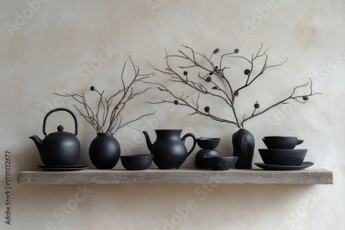 Black Ceramic Tea Set and Branches Displayed on a Wooden Shelf in a Minimalis...