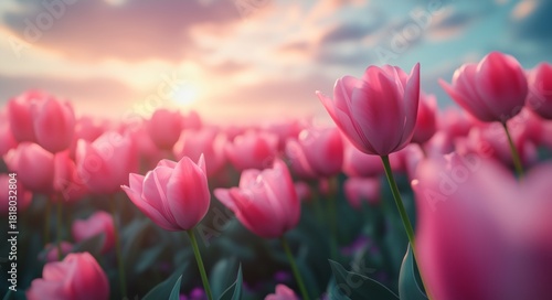 Colorful Tulip Field at Sunset Creating a Picturesque Landscape in Spring