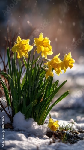 Bright Yellow Daffodils Bloom Through Melting Snow in Early Spring Sunlight