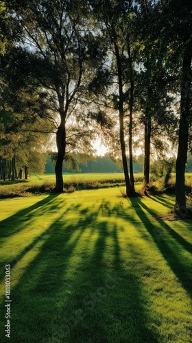 Sunlight Filtering Through Trees at Dusk Creates Long Shadows on Green Grass