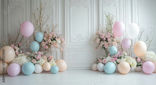 Beautiful Floral Decoration With Balloons for a Celebration in a Light Pastel...