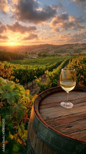 Sunset Over Vineyards With a Glass of White Wine on a Wooden Barrel
