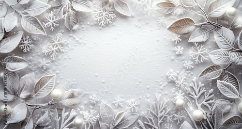 Winter Decoration With White Leaves and Snowflakes on a Light Background for ...