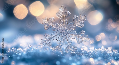 Snowflake Resting on Soft Snow With a Blurred Background of Sparkling Lights ...