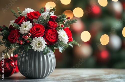 Festive Bouquet of Red Roses and White Daisies With Holiday Decorations in th...