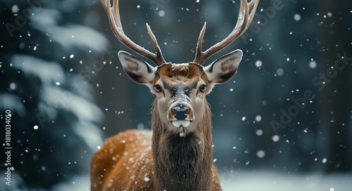 Majestic Deer Standing in Snowy Forest With Soft Snowfall in the Background D...