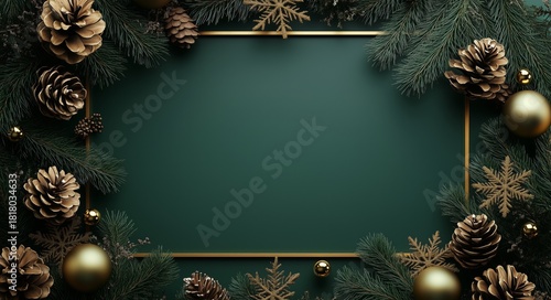 Festive Holiday Decorations With Gold Ornaments and Pinecones on Green Backgr...