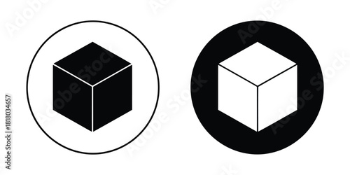 Isometric cube icons in black and white circles on