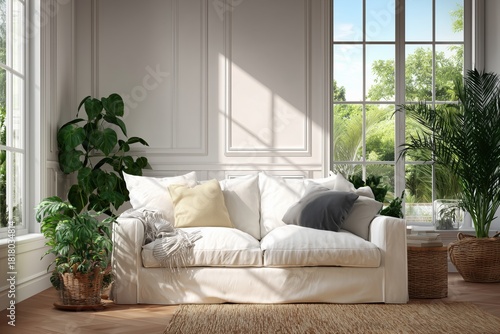 Bright and Cozy Living Room With a Light Sofa and Greenery in a Sunlit Space