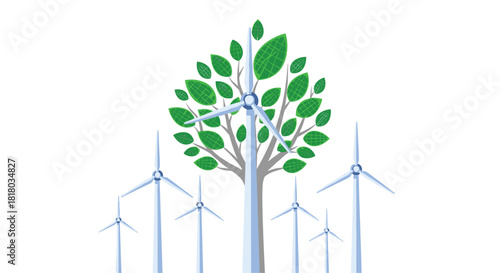 Wind Turbines Growing Like a Tree Representing Green Energy, Generative AI