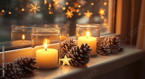 Warm Candlelight Shines Through a Snowy Window During the Winter Holiday Season