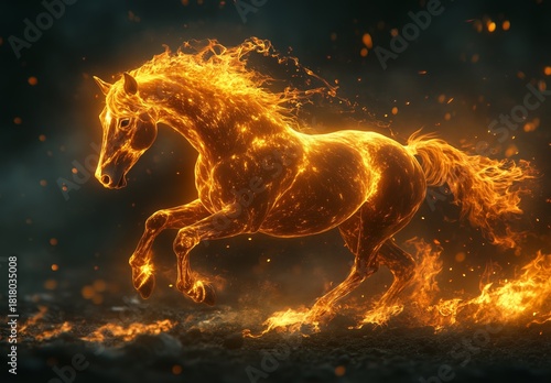 Majestic Fiery Horse Gallops Through Dark Landscape With Swirling Flames and ...