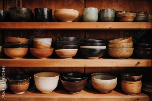 Unique Handcrafted Bowls Displayed on Wooden Shelves in a Cozy Shop