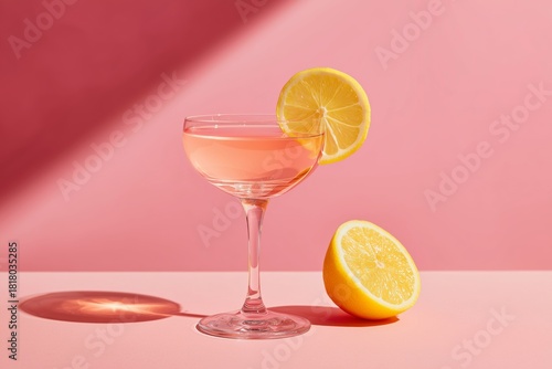 Refreshing Cocktail With Lemon Slice on a Vibrant Pink Background