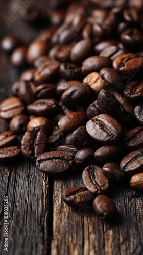 Freshly Roasted Coffee Beans Scattered on a Rustic Wooden Table