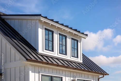 Modern White House Roof With Black Metal Accents Under Blue Sky