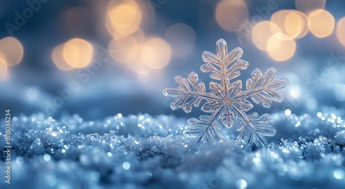 Snowflake Resting on Soft Snow With a Blurred Background of Sparkling Lights ...
