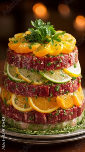 Colorful Layered Gelatin Dish With Fruits and Meats Displayed at a Festive Ga...
