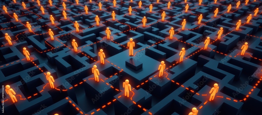 Obraz premium Digital maze with glowing figures navigating pathways.