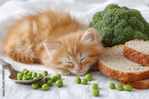 Cute Orange Kitten Sleeping Next to Broccoli, Bread, and Green Peas on a Whit...
