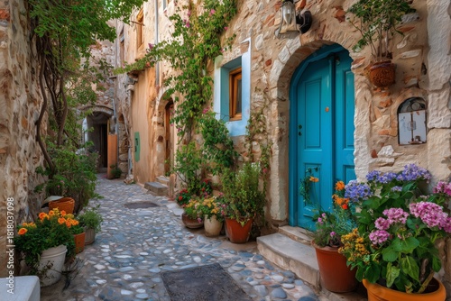 Charming Village Alleyway With Colorful Flowers and Blue Doors in a Mediterra...