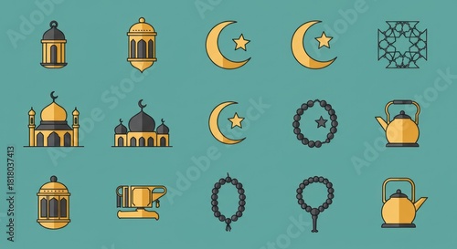 Ramadan Kareem Icons Set - Lanterns, Crescent Moons, Mosques, and More.