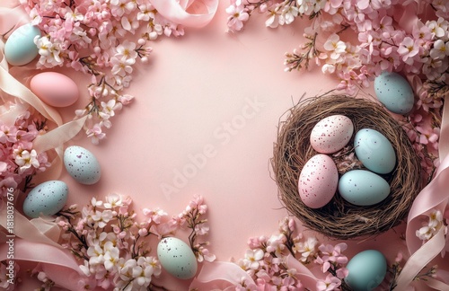 Colorful Easter Eggs Arranged in a Nest Surrounded by Flowers and Ribbons on ...