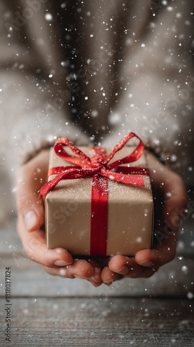 Joyful Hands Presenting a Festive Gift Wrapped With Red Ribbon in a Snowy Atm...