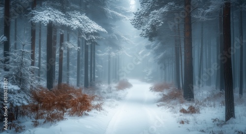 Snow-covered Forest Path in Winter Showcasing Tranquil Beauty and Natures Ser...