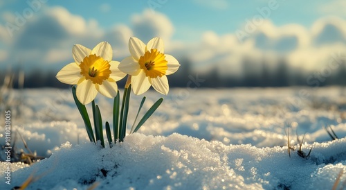 Snow-covered Field With Blooming Daffodils Under a Bright Sky at Golden Hour