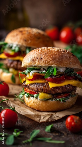 Delicious Cheeseburger With Fresh Toppings Served on Wooden Table