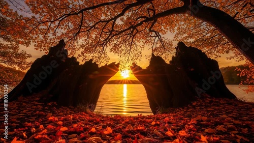 Golden sunset reflecting on the lake through the opening of a tree trunk covered in autumn leaves