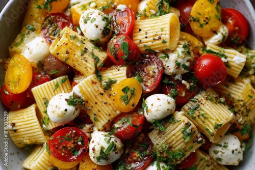 Colorful Pasta Salad With Cherry Tomatoes and Mozzarella Served in a Large Bowl