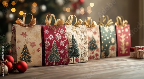 Beautifully Wrapped Christmas Gifts Arranged on a Wooden Table During a Festi...