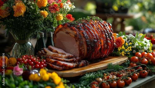 Savory Glazed Ham Served at a Garden Picnic During Sunny Afternoon With Flowe...