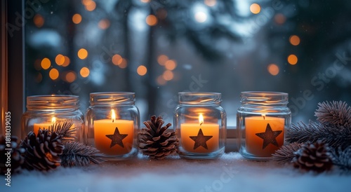 Warm Candles and Festive Decor on a Cozy Windowsill During the Evening