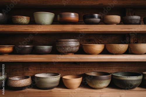 Unique Ceramic Bowls Displayed on Wooden Shelves in a Cozy Studio Setting
