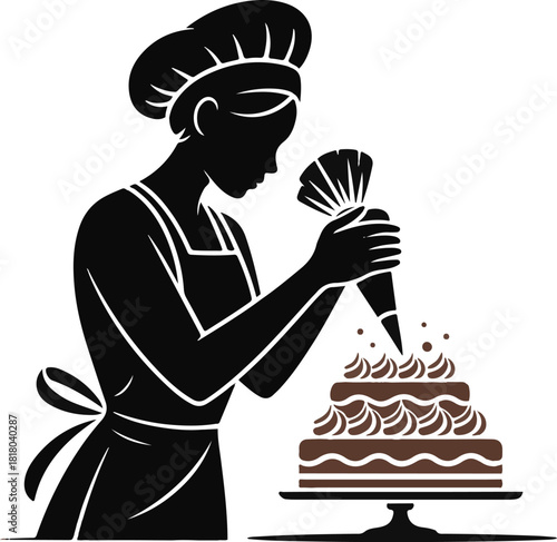 Baker skillfully decorating a multi tiered cake with a piping bag