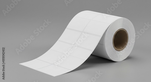 White Blank Thermal Label Roll for Barcode Printer on Gray Background.