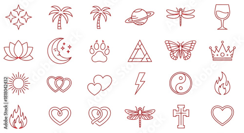 Red outline tattoo designs vector set symbols and elements art