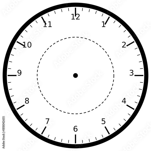 Clock Face 15 Numeric Thin Hour Minute Thick Dashed clock face on white background