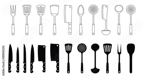 Kitchen utensils silhouette vector set cooking tools collection